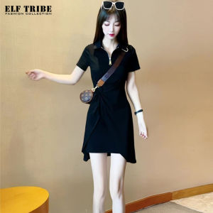 ELF TRIBE ชุดเดรสผู้หญิง เกาหลีเดรส สั้น ชุดส่วนที่ใช้เวลาไม่สม่ำเสมอ ลำลอง