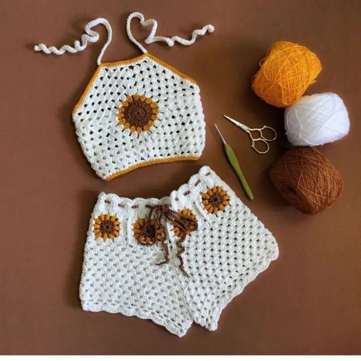 Crochet Sunflower Overall Shorts Sunflower Swirl Squares Shorts