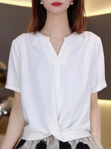 Fashionable Casual Short Sleeve T-Shirt Womens Simple Elegant Pure Color Summer New Arrival V-Neck Short Length Regular Thickness