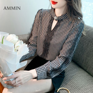 Ammin 2023 mùa thu thời trang mới đính cườm nút trang trí cổ tròn cổ điển cổ điển màu đen và ca rô trắng Áo voan của người phụ nữ phiên bản Hàn Quốc ren ngọt ngào chắp vá tay áo dài áo blouse thanh lịch