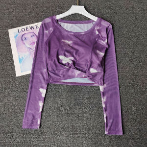 Womens Yoga Sports Wear Fixed Chest Pad Mesh Long Sleeve Running Training Top Breathable Fitness Butterfly Print Running Shirt