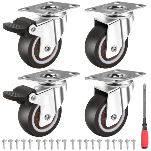 1 Inch Plate Caster Wheels Low Profile Swivel Casters Set of 4 Heavy Duty Load 99 Lbs with Brakes No Noise Rubber Small Locking