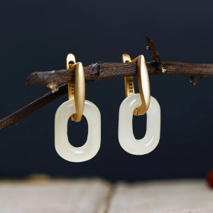 S925 Sterling Silver Natural Hetian Jade Ear Clip Hand-Inlaid Gold Jade Earrings Fashionable Womens Anti-Allergy Ancient Jade Earrings
