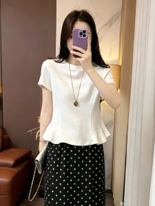 Rounded Hem Flare Sleeve T-Shirt Vinegar Acetate Polka Dot Skirt Set