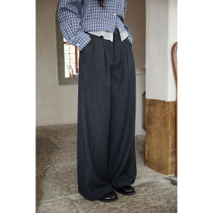 Elegant Loose Womens Blue Wide Leg Casual Pants Drapey Comfortable High Waist Straight Tube Trousers Commute Style Fashion