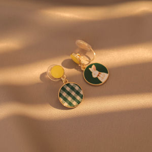 Asymmetric Cute Bunny Ear Studs Earrings Ear Pins Green Green Checked Cloth Elegant Mosquito Coil Non-Piercing Ear Clip