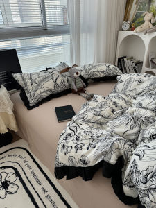 Retro Hepburn Style Hand-Painted Floral Lace Washed Cotton Bedding Set Quilt Cover Bed Canopy Student Bed Sheet Three-Piece Set