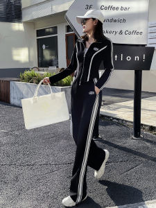 Casual Sportswear Set Womens Spring Autumn 2025 New European Fashion Slim High Waist Wide Leg Pants Two Piece Set