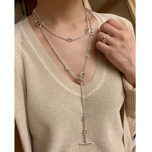 H Home Silver Jewelry Pig Nose Long Necklace Internet Celebrity Shi Weiliang Same Style Waist Chain Sweater Chain Womens Double Layered Wear Clavicle Chain