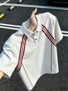 LIUBU | White and Grey Striped American Style Heavyweight Polo Shirt Short Sleeves