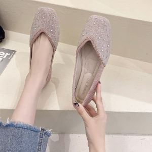 Soft Bottom Square Head Flat Bottom Womens Shoes Spring New Style Gentle Evening Wind Diamond Embellished Slip-On Flats