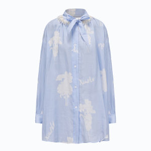 Summer Fashion Elegant Blue Flower Inlayed Ramie Long Sleeve Shirt Dress