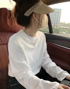 Áo Thun Cotton Dài Tay Màu Trắng Cho Nữ Áo Lót Mùa Thu Đông Dáng Rộng Cổ Tròn Không Có Đệm Chất Liệu Cotton Nguyên Chất