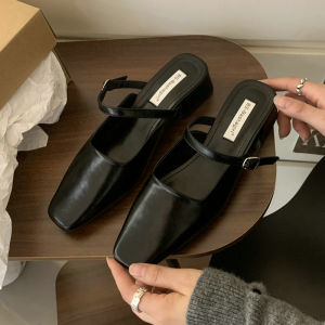 French Square Toe Temperament Red Closed Toe Half Slippers Fairy Shoes 2024 New Arrival Spring and Summer Every Night High Heel Flats