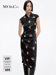MO&Co. | Traditional Chinese Style Qipao Dress Pearls Decorations Slant Collar Fitted Waist