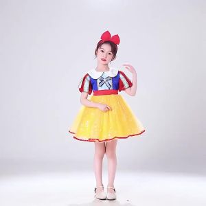 Girls Snow White Dress Dress Golden Puff Sleeve Tulle Tutu Dress Western Style Childrens Birthday Performance Skirt