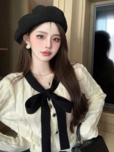 Short Knitted Twisted Cardigan Jacket Top Korean Style Commute Butterfly Knot Large Size Inner Wear Autumn Winter Clothes