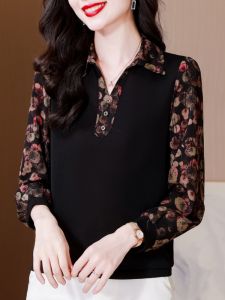 เสื้อเชิ้ตแขนยาวผู้หญิงฤดูใบไม้ผลิและฤดูใบไม้ร่วงแบบสวมหัวลายดอกไม้ปะติดปะต่อกันสำหรับคุณแม่วัยกลางคน เสื้อเชิ้ตทรงหลวมแบบสวมหัว