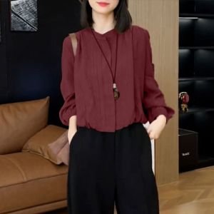 Elegant Loose Stand Collar Casual Shirt Spring Fashion Set Slimming Leisure Pants Two Piece Set Comfortable Long Sleeve Polyester