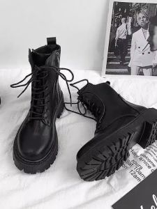 New British Style Martin Boots Womens Autumn Winter Fleece Lined Versatile Slimming Heightening Mid-Calf Short Boots Trendy Ins