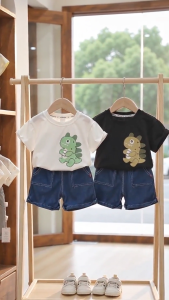 Baby Boys Clothes Set Kids Boys Terno Set 0‑5Y Cute Dinosaur Graphic Short Sleeve T-Shirt Denim Shorts Soft Cotton Toddler Casual Outdoor Outfit For Little Boys