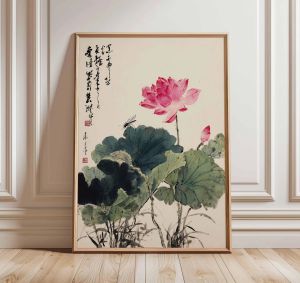 Japanese Lotus Art Print Minimalist Zen Wall Art Vintage Botanical Poster Asian Inspired Home Decor Serene Nature Illustrati