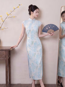 New Chinese Style Blue Floral Print Cheongsam Lace Dress
