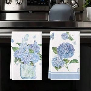 2Pcs Blue Hydrangea Kitchen Towels 40Cm*60Cm Towel Set Super Absorbent Soft Cleaning Cloth Cooking and Baking Tea Towel Hand Towel Cleaning Cloth Dishcloth Kitchen Decoration Living Room Decorations Kitchen Essentials Home Essentials