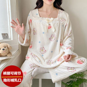 Confinement Clothing Autumn and Winter Thickened Flannel Pregnant Women Postpartum Breastfeeding Coral Fleece Winter Pregnant Women Thermal Pajamas Bear Head