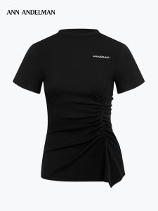ANN ANDELMAN | Slim Black Design Flare Mid-Length Short Sleeve T-Shirt