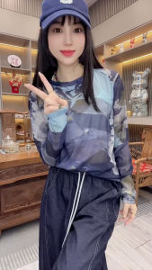 Sun Protection Mesh Long Sleeve T-Shirt Womens Loose Slim Fit Thin Cover up round Neck Top Korean Style Creative Print Summer 2025