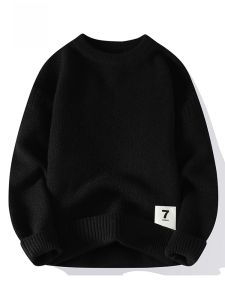ROMON | Lormen Mens Round Neck Knitted Sweater Thickened Warm Casual Fashion Winter Black Top Quality Polyester Nylon Loose Fit Sweatshirt