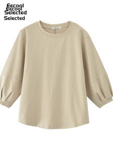 Pure Cotton Lantern Sleeve Seven-Foot-Tee Womens Base Shirt Casual Style Spring Autumn Cotton T-Shirt Loose Fit round Neck