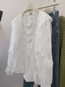 PAIBOLI | Elegant Lace Blouse Splice Ruffle Long Sleeve Fall Style Chiffon Top