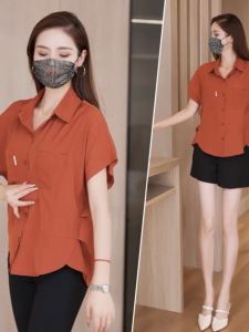 เสื้อเชิ้ตผู้หญิงทรงหลวมสบาย ๆ แขนสั้นฤดูร้อน ทรงเข้ารูป เสื้อเชิ้ตคอโปโลสีพื้นป้องกันรังสียูวี