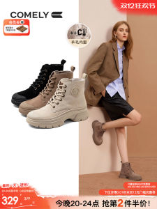 Womens Winter Martin Boots Thick Bottom Woolen Lined Genuine Leather Retro Workwear Short Boots Casual round Toe Zipper Closure