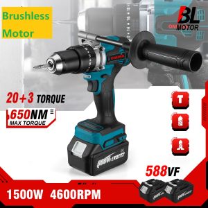 (free gift)1500W Brushless Electric Impact Drill With handle 20+3 Torque 3In1 Electric Screwdriver Hammer Drill With handle Power Tools For Makita 18V Battery