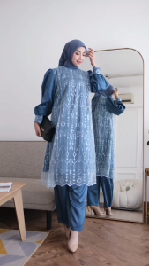 One Set Kondangan Laura Set 2in1 Baju Setelan Atasan Brokat + Celana Satin Simple Wanita Terbaru 2025