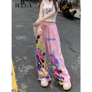 IELGY กางเกงขาบานสำหรับผู้หญิงพิมพ์ลายกราฟฟิตีกางเกงขาบานเข้ารูปมีเชือกรูดพิมพ์เอวสูงกางเกงลำลอง