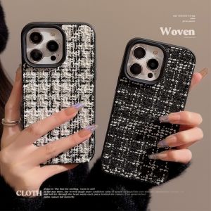 CrashStar Retro Flannel Woven Black White Lattice Soft Shockproof Phone Case For iPhone 15 14 Pro Max Plus 13 12 11 Pro Max Fashion Plush Phone Casing Simple Protective Cover Shell Hot Sale