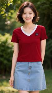 Áo thun nữ cổ tim phối viền logo đá - Freesize : 35kg - 65kg