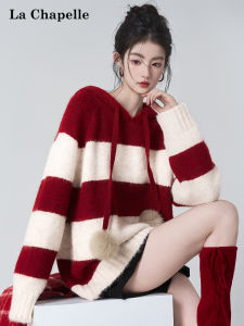 La Chapelle | Quần Áo Knitwear Sọc Mềm Hooded Ấm Phong Cách Rộng Rãi
