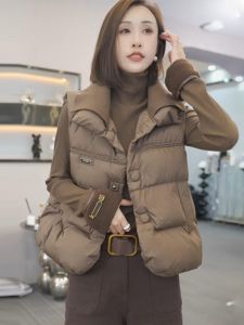 Short Loose Slimming Cotton down Vest Womens Outerwear Knitted Autumn Winter Polo Collar Single Button Pure Color Jacket