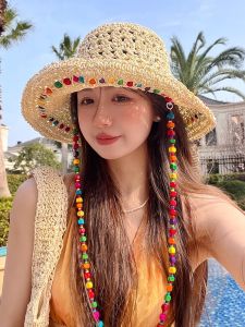 หมวกป้องกันแสงแดดชายหาดตาข่ายแสนหวานหมวกกันแดดสำหรับฤดูร้อนเกาหลีหมวกฟางปักลูกปัดไม้ที่มีสีสันหมวกฟางหมวกชาวประมงหมวกถักทอ