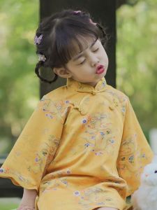 Girls Yellow Cheongsam Hanfu Childrens Loose Trousers And Dresses Spring Autumn Seasonal Fashion Retro National Trend