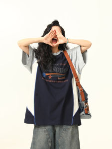 Wild Azi Original Summer New American Retro Patchwork Contrast Color Short Sleeve T-shirt Men and Women Loose Couples Tops