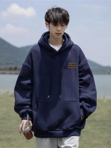 Retro American Hong Kong Style Mens Hoodie Pure Cotton Fleece Lined Loose Fit Autumn Winter Fashionable Casual Sweatshirt