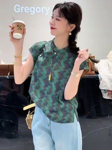 Áo Sơ Mi Cổ Đứng in Hoa Xanh Mới Dành Cho Nữ Mùa Hè 2025 Áo Cánh Phong Cách Trung Hoa Độc Đáo Và Đẹp Áo Sơ Mi Dài Tay Thường Ngày