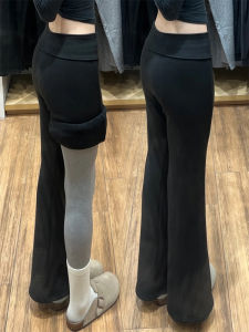 Black High Waist Fleece Lined Yoga Pants Womens Autumn Winter Bell Bottom Casual Sweatpants Slim Fit Comfortable Elastic