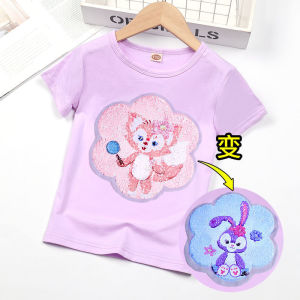 Girls Cotton Short Sleeve T-Shirt Glitter Color Changing Summer Fashion Childrens Clothing Cartoon Design round Neck Top